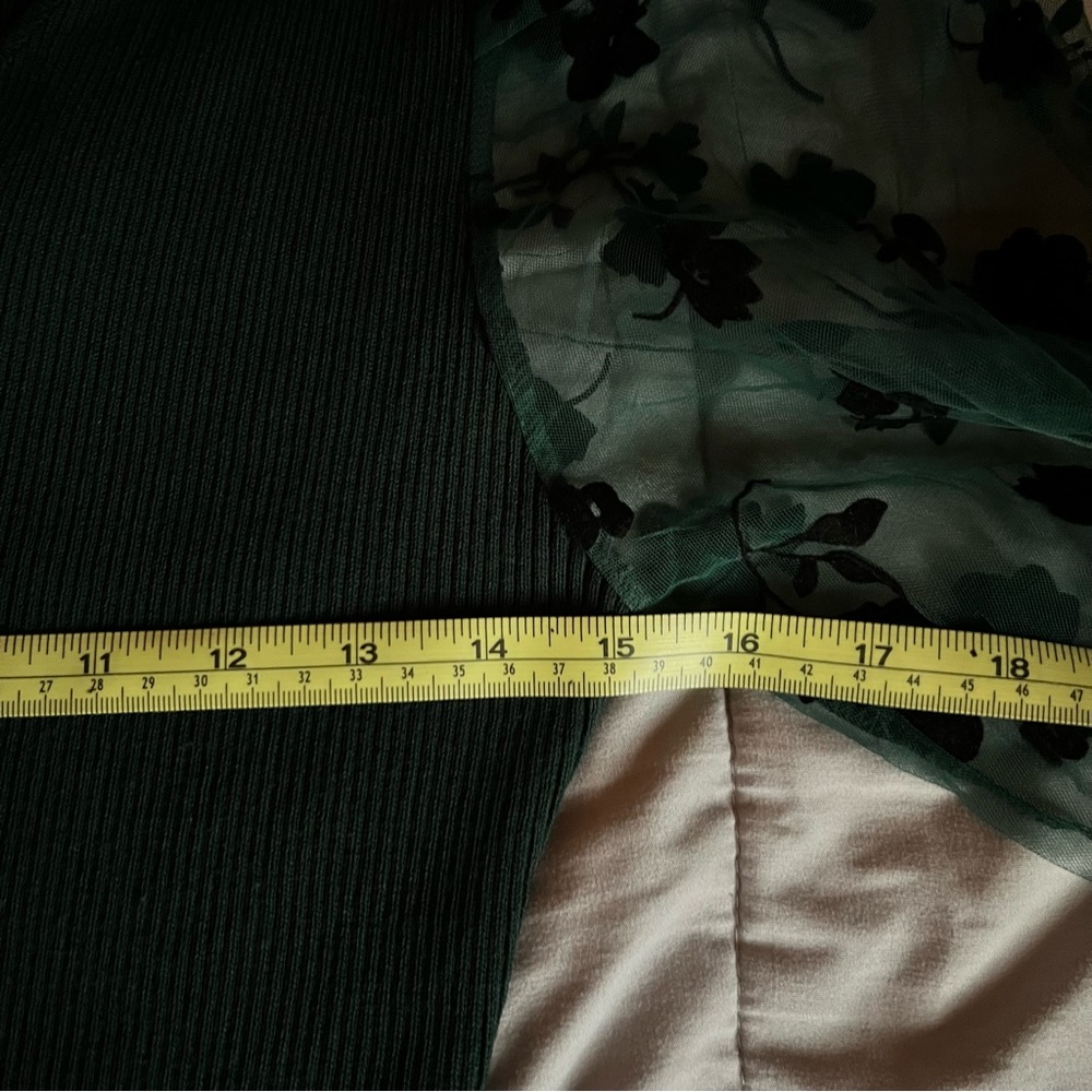 🎉HP🎉 Almost Famous Green Sweater Dress Organza Long Sleeve with Black Flowers - Picture 5 of 10